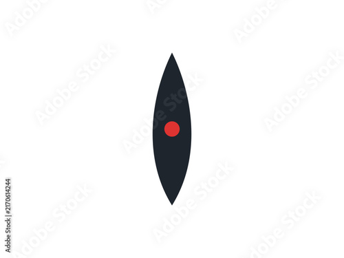 Minimalist graphic featuring a dark vertical almond shape with a red dot