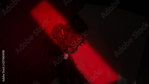 Red spotlight revealing bouquet of roses over draped background, narrow beam across dark space gradually exposing lower petals, wrapped stem, rich texture dramatic contrast