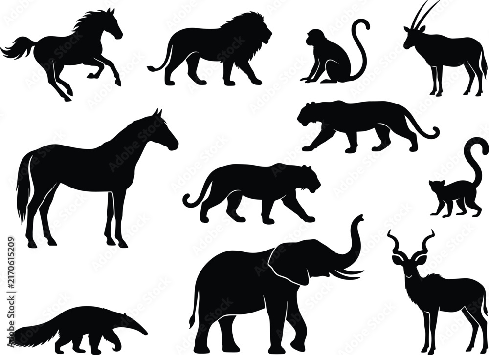 Obraz premium Collection of wild animal silhouettes including lion, elephant, horse, monkey, and antelope, isolated on a white background, set