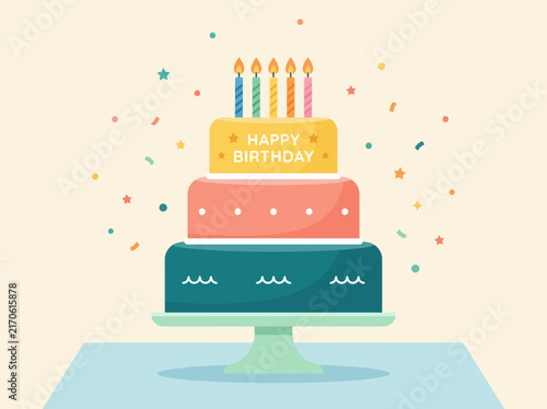 Colorful three tiered birthday cake with candles and confetti illustration.