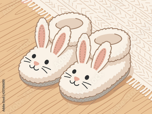 Cute and fluffy white bunny slippers on a wooden floor.