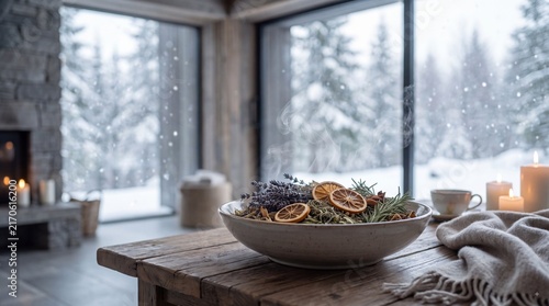 Decorative bowl with dried fruits and lavender placed on wooden table in cozy cabin with snow-covered trees visible through large windows