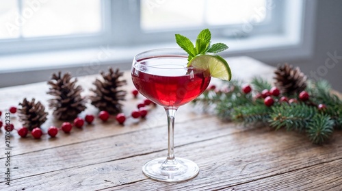 Red cocktail garnished with lime and mint served in a glass on a wooden table, surrounded by pinecones and festive greenery for a holiday setting