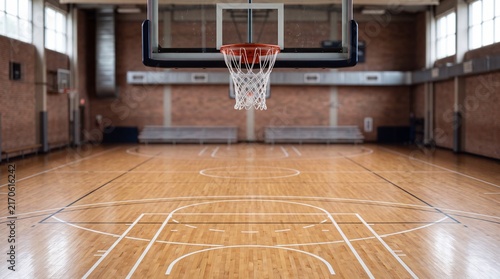 Basketball hoop and net positioned above polished wooden court floor inside a gymnasium with brick walls and bleachers in the background