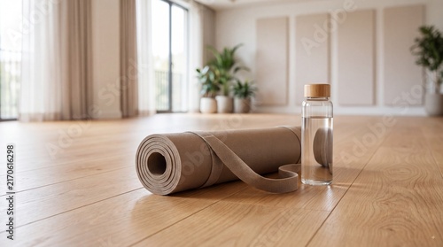 Yoga mat rolled up beside a glass water bottle on wooden floor in a bright, modern studio with large windows and indoor plants in the background