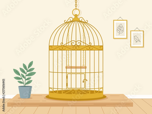 Elegant Ornate Golden Birdcage Illustration in Minimalist Interior Room.