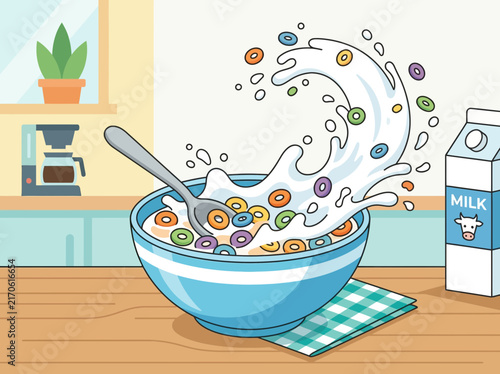 Colorful cereal loops in a blue bowl with dynamic milk splash illustration.