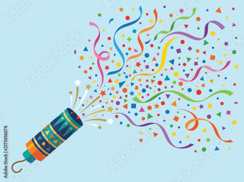 Colorful Party Popper Exploding with Bright Confetti and Streamers Illustration.