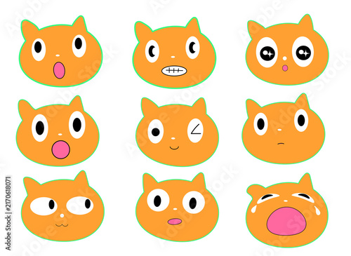Картината върху платно A set of orange cat cartoons on a white background, displaying various emotions and poses such as smiling, shock, surprise, slyness, crying, and agreement