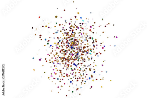 Quadro su tela Vibrant explosion of colorful shiny star-shaped confetti scattered across a clea
