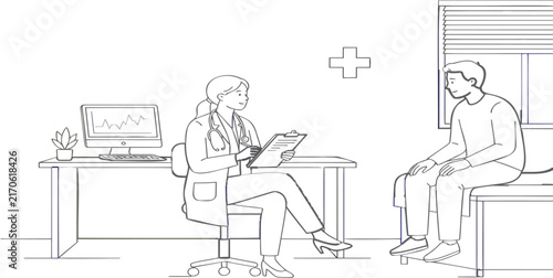 Continuous line doctor and patient consultation vector illustration
