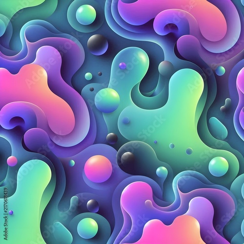 Colorful abstract background with flowing waves and spherical shapes with smooth gradients.