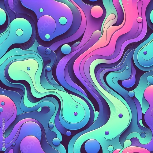 Abstract colorful pattern with fluid waves and small round dots in purple pink and cyan.