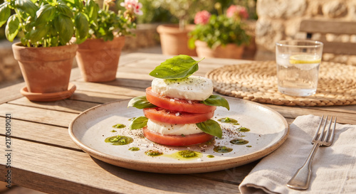 A bright, sun-drenched photograph of a plate of Caprese salad resting on a sunny outdoor patio table during a summer lunch, with natural light highlighting the vivid red and white colors.