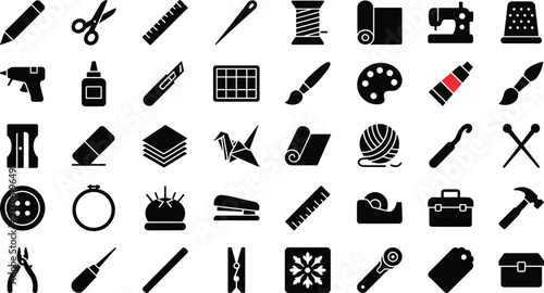 Arts crafts and sewing vector icon set featuring scissors sewing machine paint palette yarn ball hot glue gun ruler symbolsArts