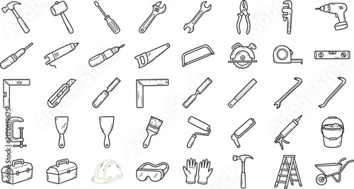 Construction Tool and Safety Equipment Icon Collection with Hammers, Drills, Saws, Wrenches, Trowels, Helmets and Protective 