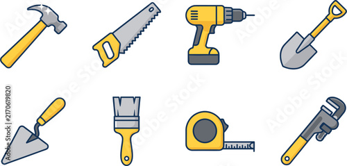 Construction Hand Tools Collection with Hammer, Handsaw, Cordless Drill, Trowel, Paint Brush, Tape Measure and Pipe Wrench 