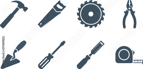 Construction and Workshop Tool Collection with Hammer, Chisel, Saw Blade, Pliers, Trowel, Screwdriver, Drill Bit and Tape