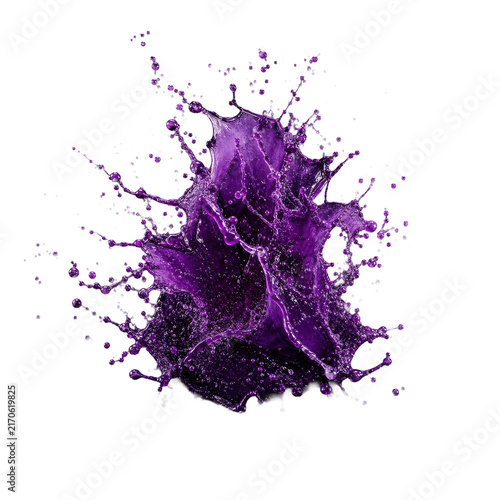 Foto Dynamic purple liquid splash with numerous droplets scattering outwards, capture