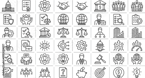 Corporate governance and legal compliance line vector icon set featuring government law scales handshake agreement bank policy ethics management 