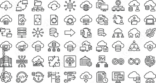 Cloud computing and database technology vector icon set featuring server storage data network computing connection security devops container symbolsCloud computing 