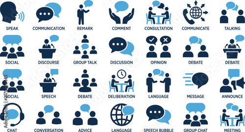 Business communication and dialogue vector icon set featuring speak remark comment consultation debate speech message announce chat meeting 