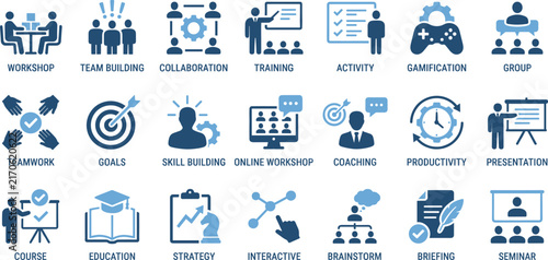 Business team building icon set with collaboration workshop training activity coaching presentation skill building productivity seminar corporate 