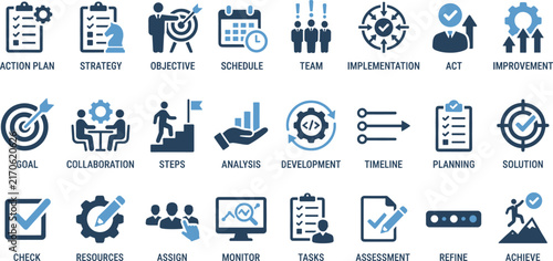 Action plan and strategy vector icon set featuring business planning objectives team implementation improvement goals solution analysis timeline process 