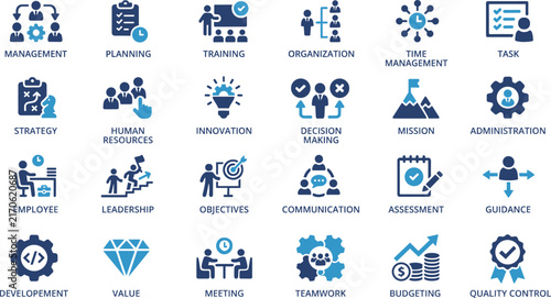 Business management vector icon set with leadership strategy training human resources organization decision making team planning corporate development iconsBusiness management vector 