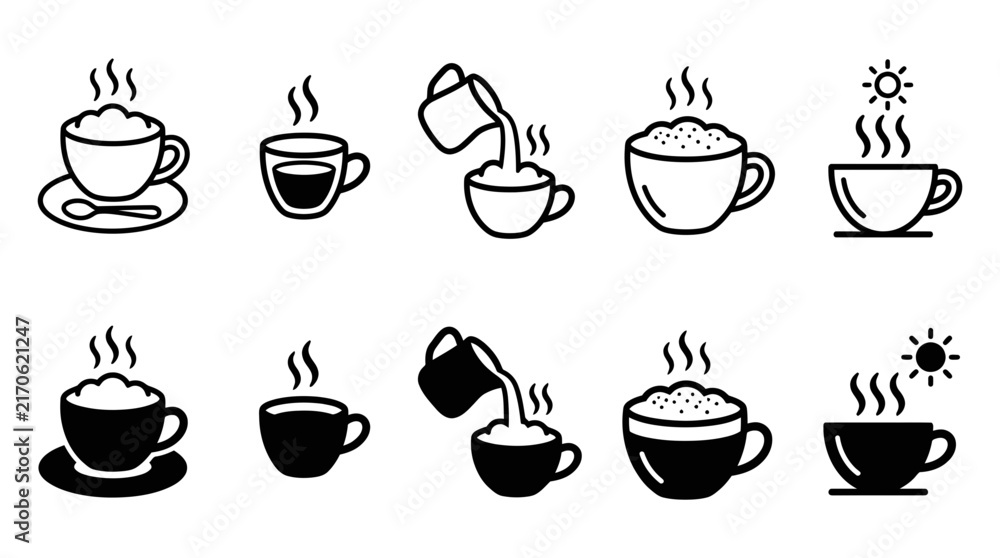 Fototapeta premium Set of hot coffee cup icons with saucers steam milk pouring in outline and solid art styles caffeine beverage