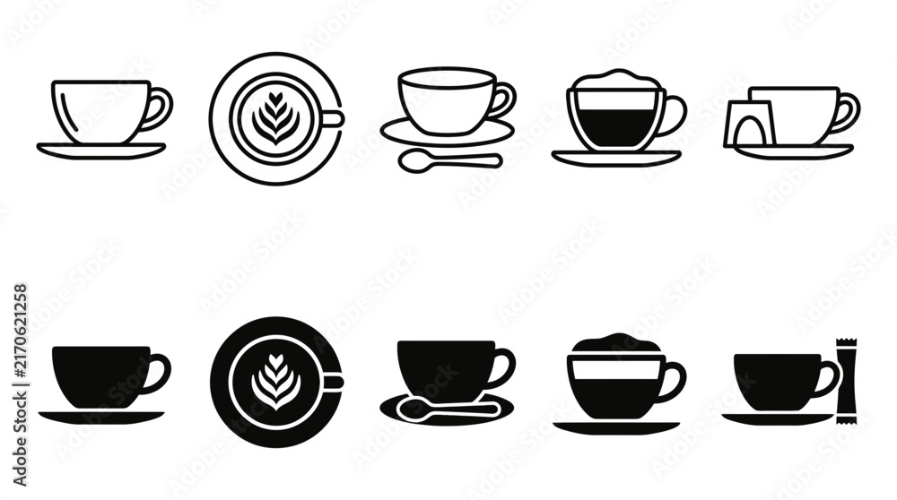 Obraz premium Set of various coffee cups with saucer latte art spoon and sugar line icons beverage cappuccino espresso caffeine