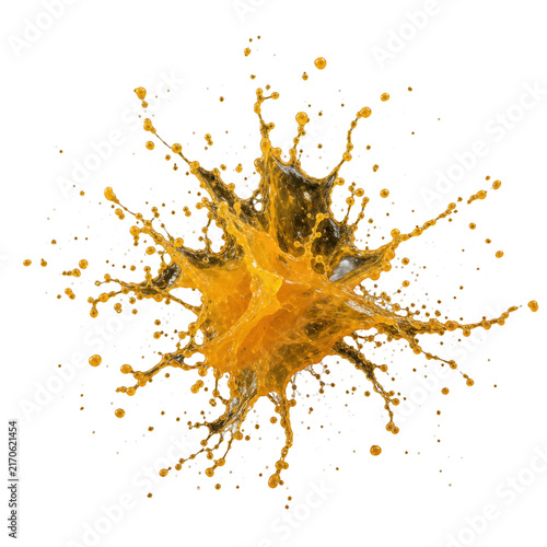 Bild auf Leinwand Vibrant orange liquid splash with numerous droplets creating an energetic burst