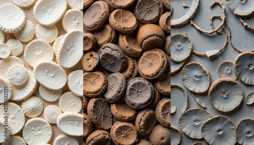 Detailed close-up of various sand dollars in different colors arranged artistically on a smooth surface, representing natural beauty and marine life, with copy space