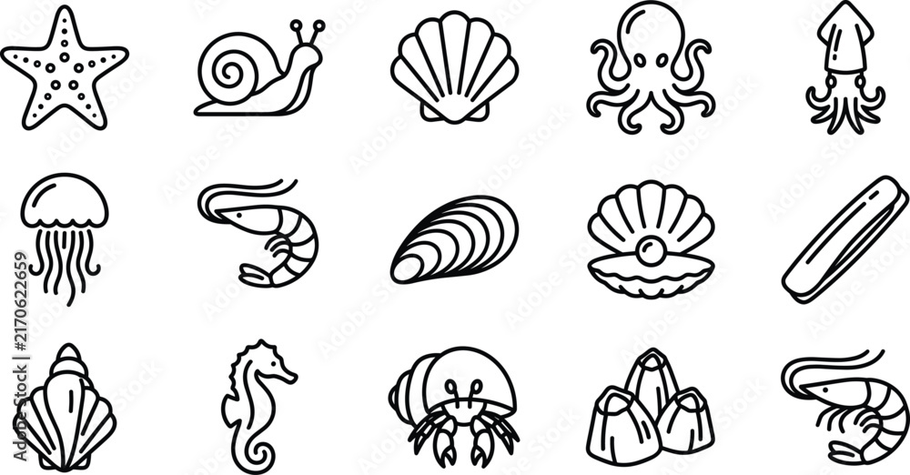 Obraz premium Sea life marine animals and seafood line icon set featuring octopus shrimp starfish jellyfish oyster and crab vector