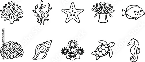 Coral reef and marine life line icon set featuring sea turtle starfish seahorse fish and shell vector
