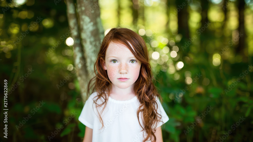 Naklejka premium Young girl standing in a forest with sunlight filtering through trees