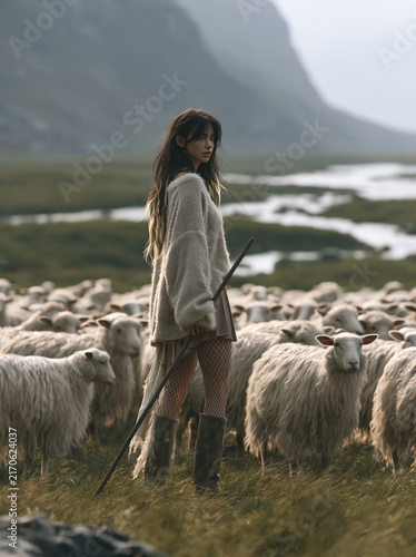 Young Shepherd Woman Tending a Flock of Sheep in a Misty Mountain Landscape