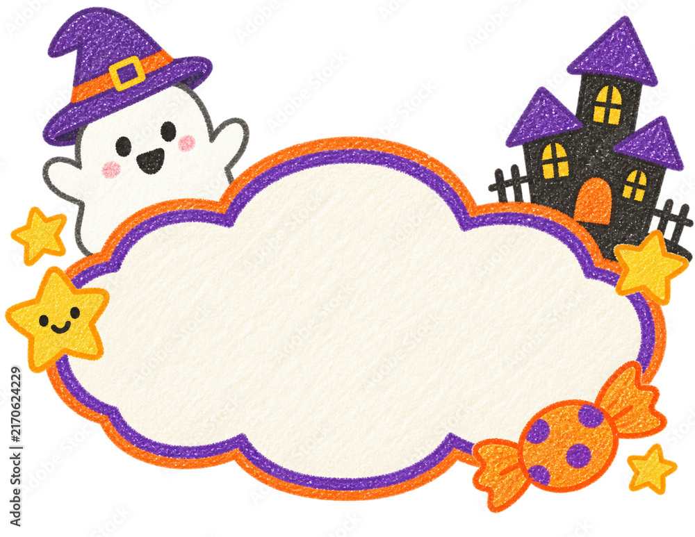 Fototapeta premium Cute Halloween Ghost and Haunted House Colored Pencil Label
