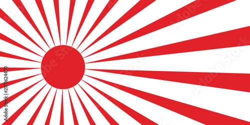 Rising sun background with red and white radiating sunburst stripes for Japanese cultural event banners retro pop art posters and oriental graphic design templates