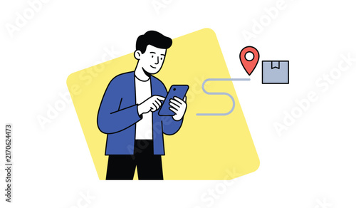Man checking delivery route on smartphone flat illustration, package location tracking vector concept, man following shipment path illustration