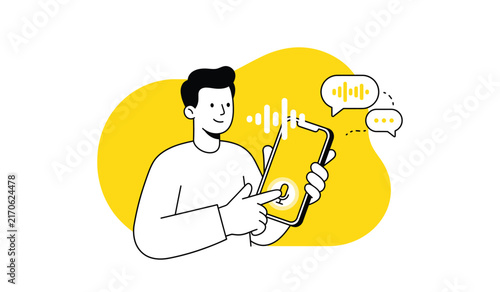 Man using voice command on tablet flat illustration, Voice recognition technology vector concept, Man activating microphone assistant illustration