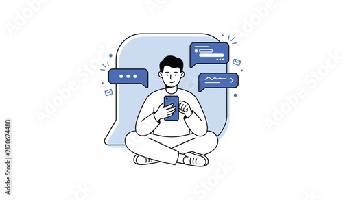 Man surrounded by chat notifications flat illustration, Multiple messages on smartphone vector concept, Man receiving alerts sitting illustration