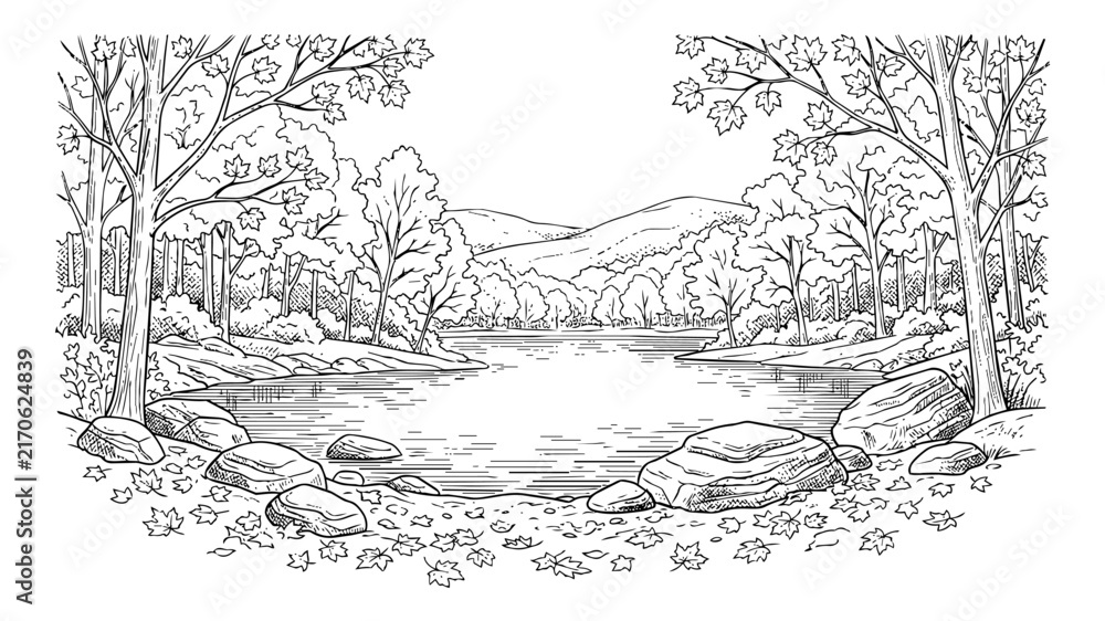 Obraz premium Scenic Forest Lake and Mountain Landscape Line Art, Adult Coloring Page of a Peaceful Nature Scene with Maple Trees and Rocks