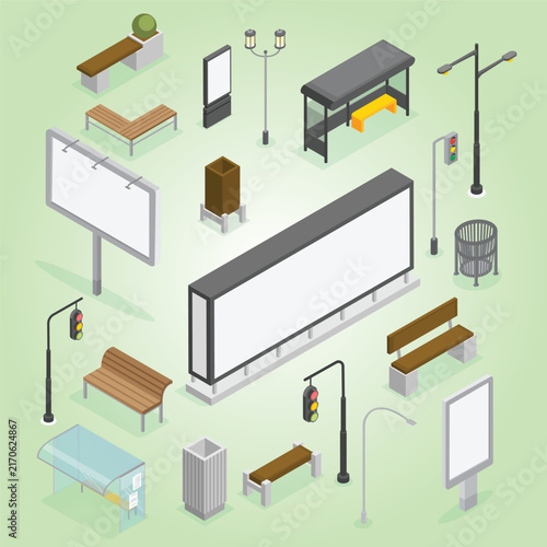 Фотография Isometric city elements isolated traffic light street lights public transport st