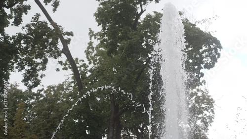 Pressurized fountain jets rising against leafy park canopy with overcast diffuse daylight highlighting translucent water droplets and arcing spray,with fountain, water, jet, plume detail