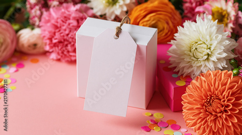 Blank white hang tag with flowers on pink background, product label mockup greeting card template