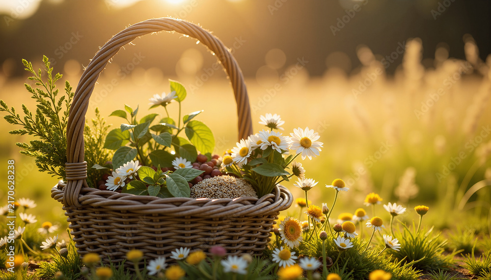 Fototapeta premium wicker basket filled with fresh herbs, flowers, and grains, set in a sunlit meadow filled with blossoming daisies, ideal for gardening and wellness themes