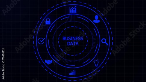 Futuristic digital interface displaying business data with for security lock growth chart handshake checkmark lightbulb and user profile on a dark background.4K animation motion graphic Video.
