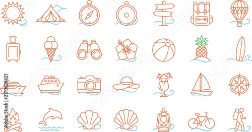 Summer Vacation and Tropical Travel Line Icon Set Featuring Beach Camping Adventure Cruise Ship Surfboard and Outdoor Recreation Symbols for Websites and Apps