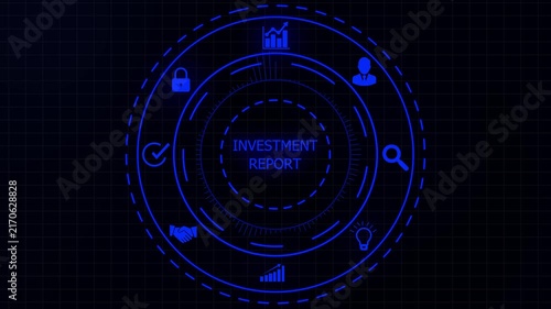 Digital circular interface in glowing cyan blue displaying investment report with for growth analytics security and partnership on a dark grid background